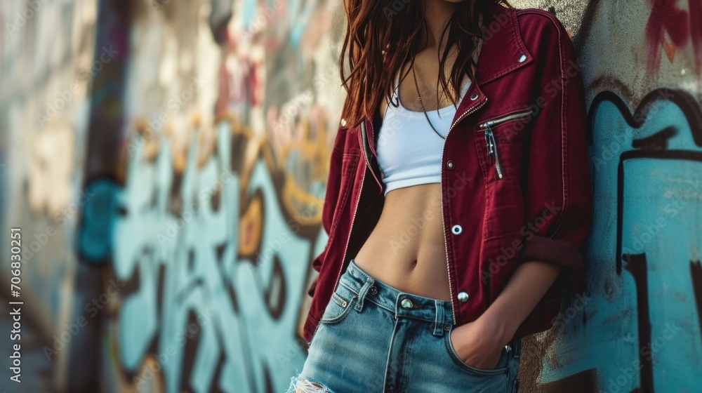 Naklejka premium Effortless Grunge Mix casual and grunge elements with a burgundy cropped varsity jacket, a white tank top, and ripped boyfriend jeans for an edgy and effortless vibe.
