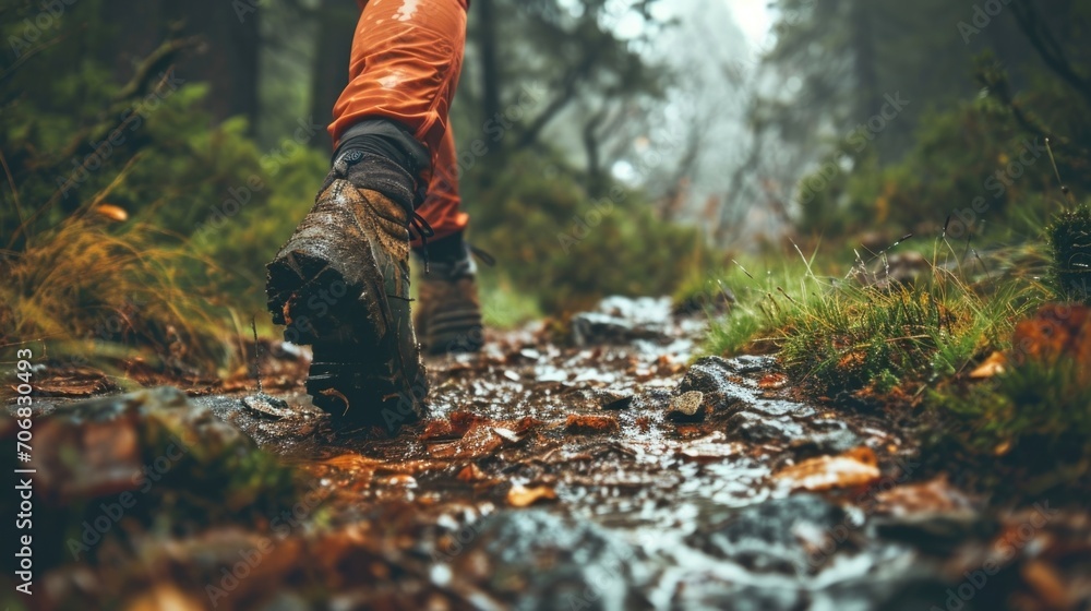 Dont let the weather stop you from exploring in style with a fleecelined windbreaker, breathable active tights, and reliable waterproof hiking boots. - obrazy, fototapety, plakaty 