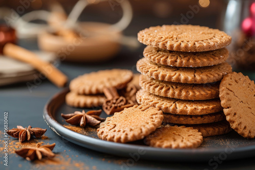 A plate of speculoos cookies, a spiced shortcrust biscuit beloved in Belgian tradition photo