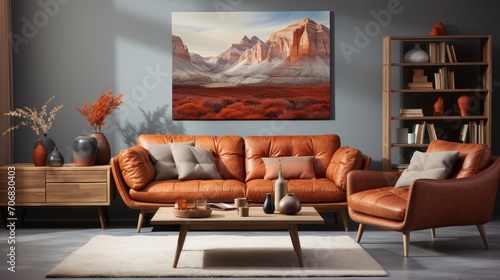 stylish Scandinavian living room with brown sofa, retro wooden table, decorations and elegant accessories.