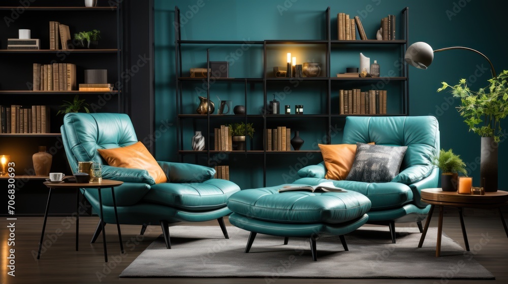 teal bedroom, bed, armchair, bookshelf, lamp and pouf