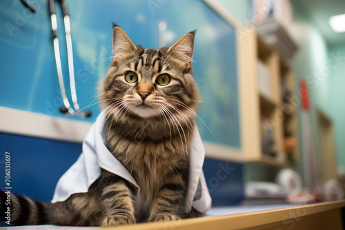 A delighted tabby cat receiving gentle attention from a caring veterinarian, its eyes expressing trust and contentment amidst the clinical setting.