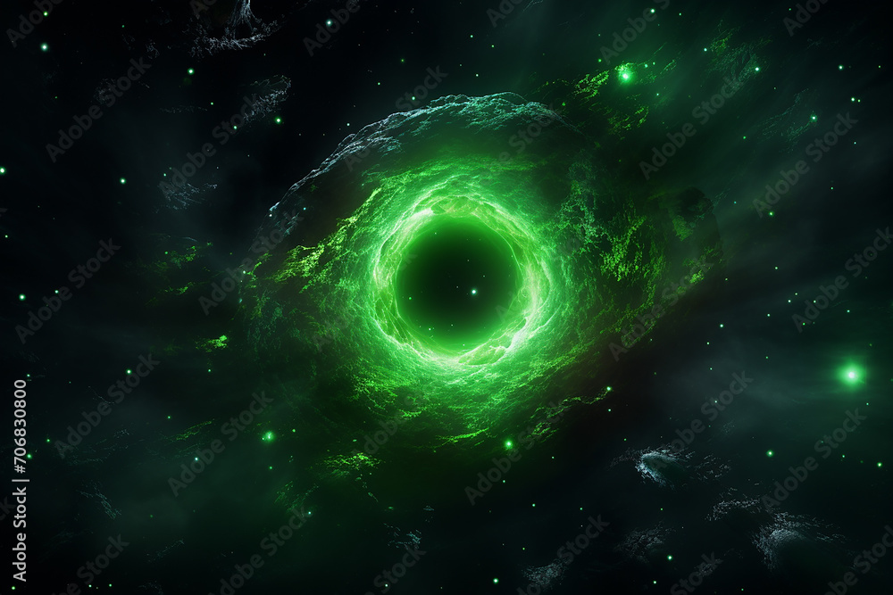 Generative AI Image of Nebula Clouds Forming Circle Hole in the Sky with Green Light