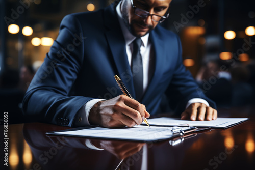 Middle age man in a business suit is signing a document on a clipboard with a pen, with a blurred background of a busy, upscale office environment.