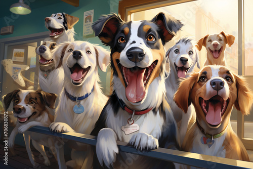 A joyous family of dogs eagerly awaiting their turn for vaccinations, showcasing the communal and familial atmosphere within a veterinary clinic.