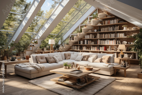 cozy, sunlit attic living room with a large sectional sofa, an expansive bookshelf, wooden furniture, and a glass ceiling revealing a forest outside.