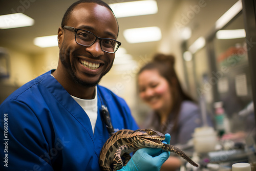 A happy reptile owner observing their snake being handled by a skilled veterinarian, fostering a sense of trust and camaraderie in the clinic.
