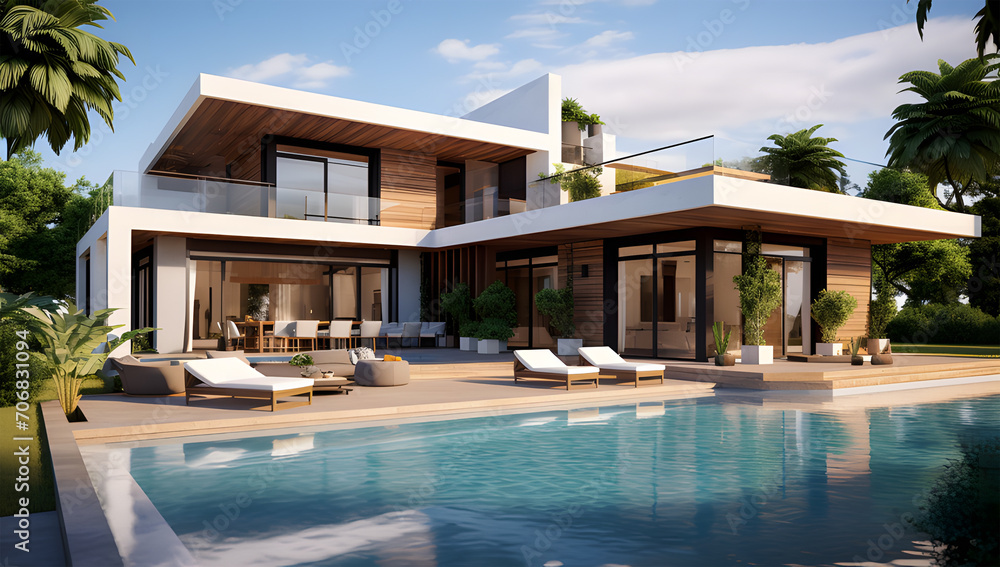 Fototapeta premium 3d rendering of a modern house with a swimming pool ai generative