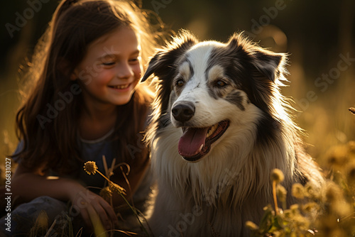 A joyful Border Collie and its elated owner sharing a moment of playfulness in a sun-drenched backyard, the bond between pet and human palpable.