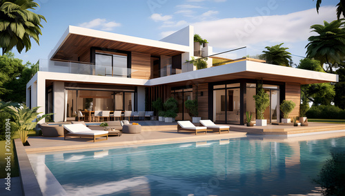 3d rendering of a modern house with a swimming pool ai generative © lemya