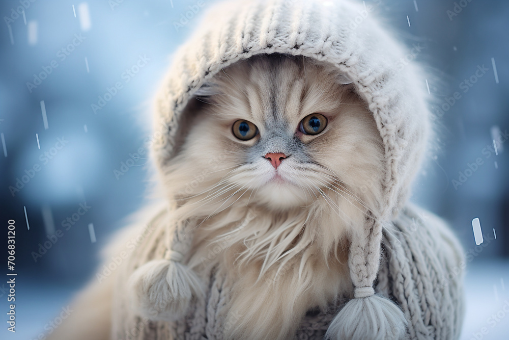 A fluffy Himalayan cat adorned with a cozy winter scarf and earmuffs, ready to embrace the chilly weather with feline fashion flair. A fluffy Himalayan cat adorned with a cozy winter scarf and earmuffs, ready to embrace the chilly weather with feline fashion flair.