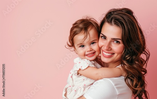 Young mother holding a toddler, smiling, on a soft pink background.
