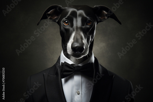 An elegant Greyhound draped in a tailored tuxedo, exuding sophistication and poise as it models the epitome of canine black-tie fashion. © Solid