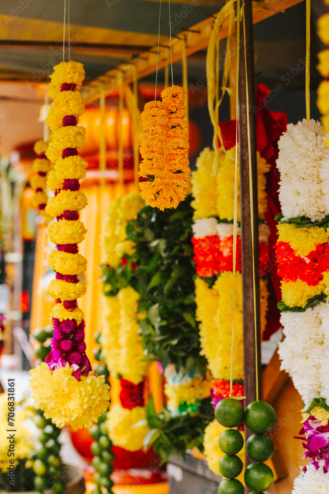 Beautiful bright flowers on an Indian market. Beautiful Indian Style Decorations for Holiday