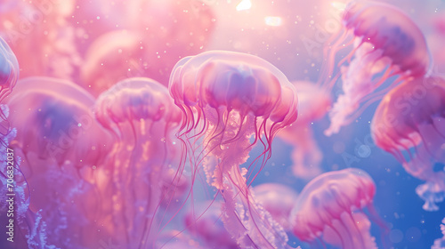 たくさんのピンク色の透明クラゲが水中に漂っている写真