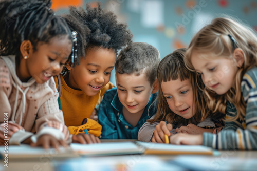 A diverse group of children deeply engaged in studying, sharing idea together photo