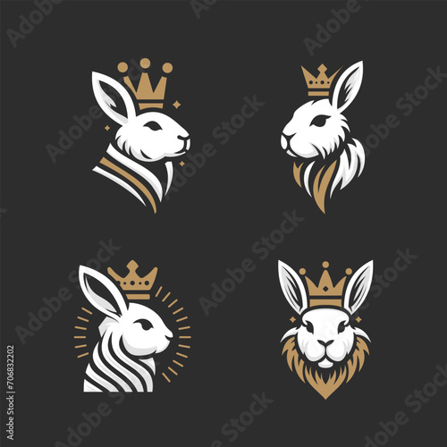 Rabbit wearing king's crown emblem logo vector set illustration. Majestic and luxury rabbit logo set.
