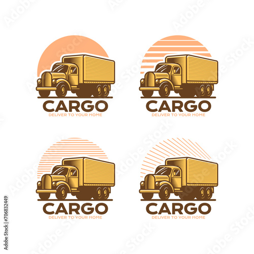 Logistic company logo in retro vintage vector set illustration style. Old truck company brand identity.