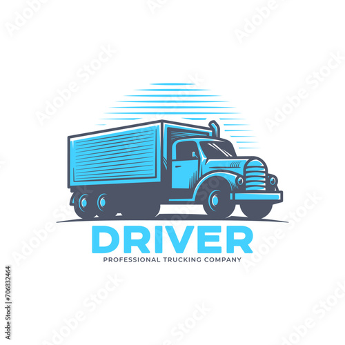 Logistic company logo in retro vintage vector illustration style. Old truck company brand identity.