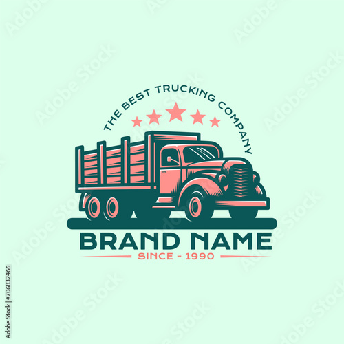 Logistic company logo in retro vintage vector illustration style. Old truck company brand identity.