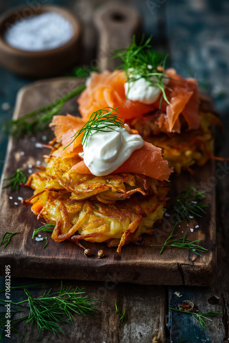 Patato Latkes with Sour Cream and Smoked Salmon
