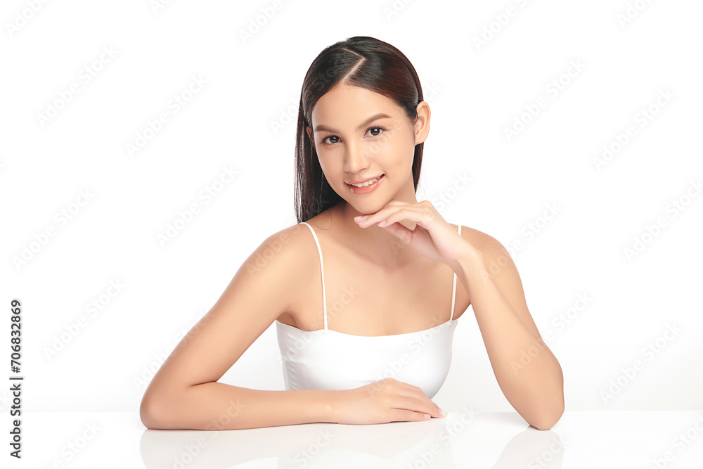 Beautiful young asian woman with clean fresh skin on white background, Face care, Facial treatment, Cosmetology, beauty and spa, Asian women portrait.