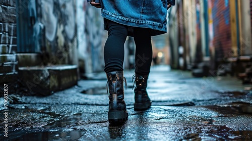 Elevate your offduty style with this denim shirt dress, black leggings, and chunky boots combo. The rugged denim and chunky shoes add a touch of toughness to the overall look. photo