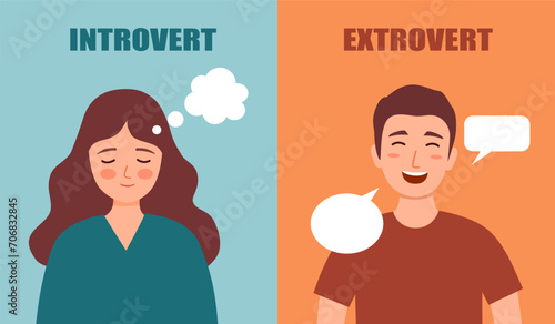 Man and woman with different personality types. Introvert and extrovert concept. photo