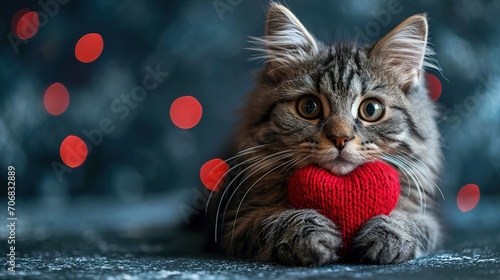 A red knitted heart in the paws of a cat. A postcard with a gray and black fluffy cat for Valentine's Day.