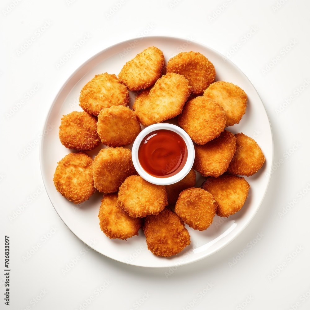Chicken Nuggets and ketchup on a round white plate, on a plain white background Chicken Nuggets and ketchup on a round white plate, on a plain white background