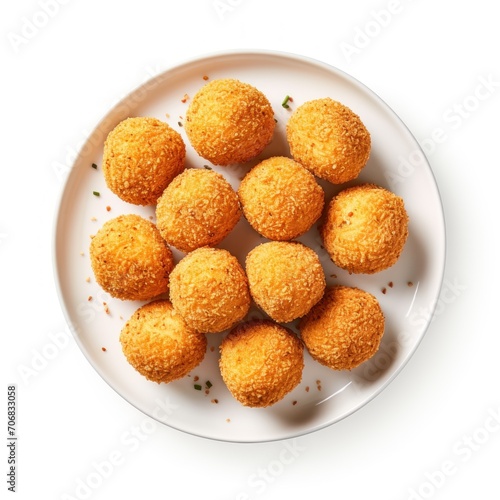 Cheese Balls on a round white plate, on a plain white background