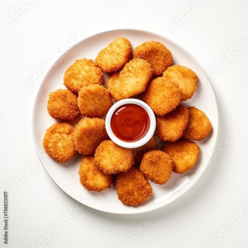 Chicken Nuggets and ketchup on a round white plate, on a plain white background