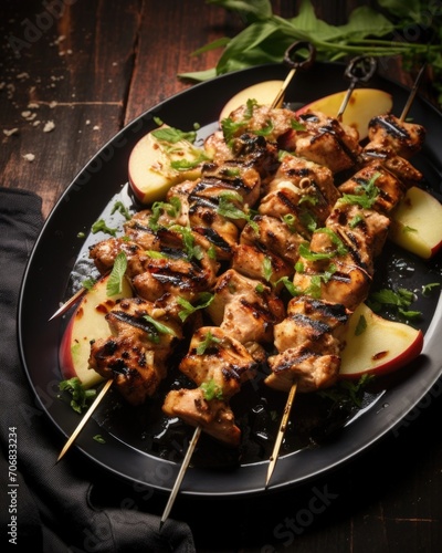 A platter of cidermarinated grilled chicken skewers steals the spotlight in this shot, each tender piece delicately charred and dripping with succulent juices, promising an explosion of