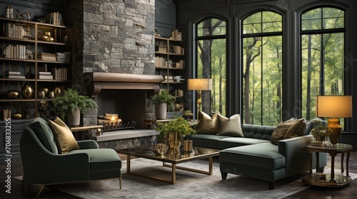 The living room interior is gray and features a gray sofa on dark hardwood floors facing a stone fireplace