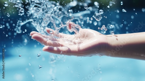 Hand is playfully catching sparkling water droplets against a blurred blue background illuminated by daylight. Pool.