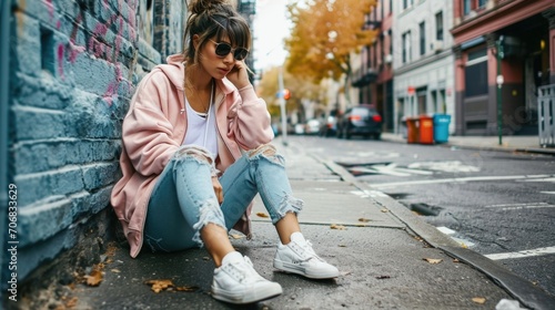Casual and Cozy Stay cozy and stylish with an oversized pastel pink varsity jacket, a basic white tank top, and ripped boyfriend jeans for a comfortable yet fashionforward look. photo