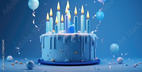 birthday cake with candles with blue background in 3d
