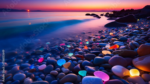 Beautiful Seascape with Glowing Colorful Pebbles on the Beach