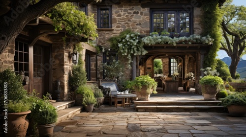 View of the Entrance and Yard of the Cottage House with a Beautiful Stone Arrangement