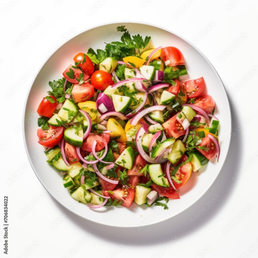 Israeli Salad on a round white plate, on a plain white background Israeli Salad on a round white plate, on a plain white background
