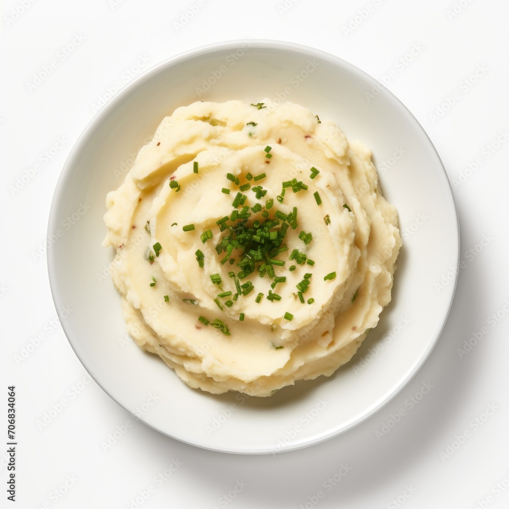 Mashed Potatoes on a round white plate, on a plain white background