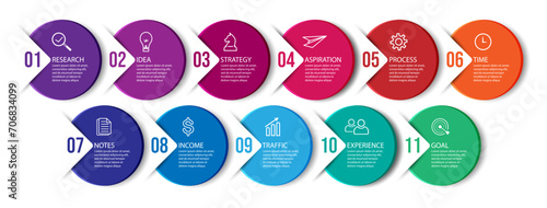business infographic 11 parts or steps, there are icons, text, numbers. Can be used for presentation banners, workflow layouts, process diagrams, flow charts, info graphics, your business presentation