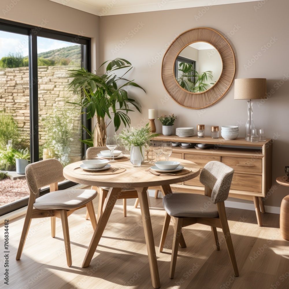 Fototapeta premium Wooden chairs at table with cutlery in dining room with mirror