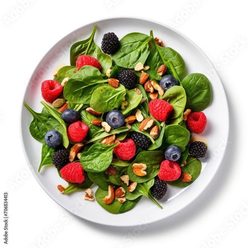 Summer Berry Spinach Salad on a round white plate  on a plain white background