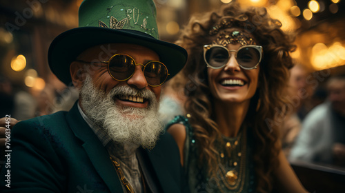 Couple celebrating Saint Patrick’;s Day - Party - Festival - Parade - Green outfits - March - Holiday - Vacation - Pub - Bar 