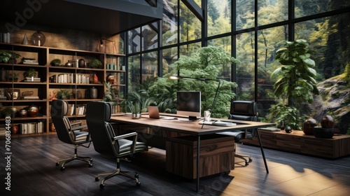 office space with minimalist black furniture  wooden tables and chairs and computers.