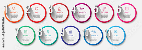 business infographic 11 parts or steps, there are icons, text, numbers. Can be used for presentation banners, workflow layouts, process diagrams, flow charts, info graphics, your business presentation