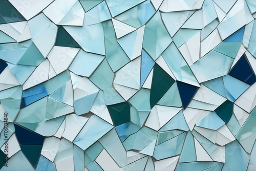 A wall with shattered triangles and shades of blue, green, and white. Generative AI
