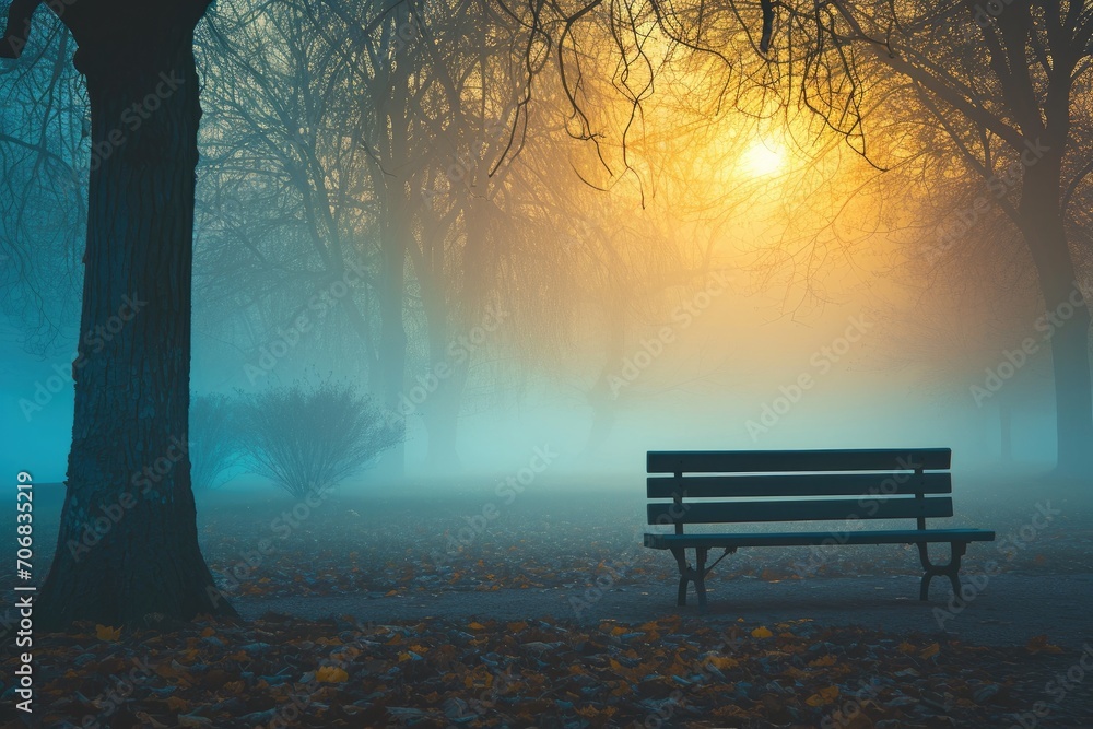 Lonely bench in a foggy park at dawn