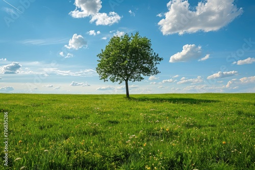 Solitary tree in a lush green meadow
